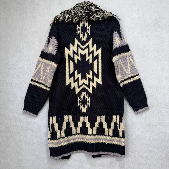 Sundance Cardigan Sweater Womens Small Navy Cream Aztec Shag Collar Knit Long - Picture 8 of 9